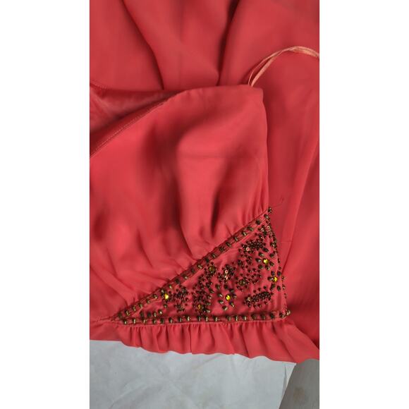Free People One Shoulder Beaded Chiffon Mini Dress size 4  Papaya Party   Small - Picture 5 of 13